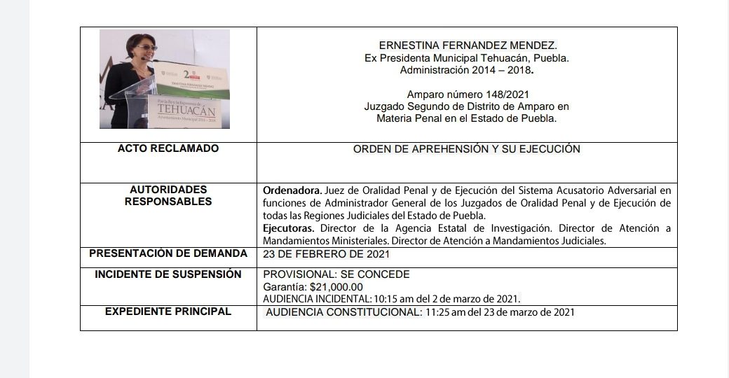 Se ampara en Tehuacán Ernestina Fernández para evadir su captura