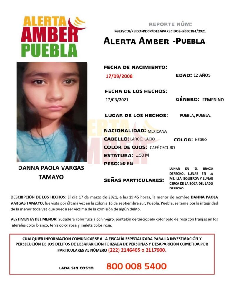 Fiscalía Puebla activa Alerta Amber para localizar a menor de 12 años de edad