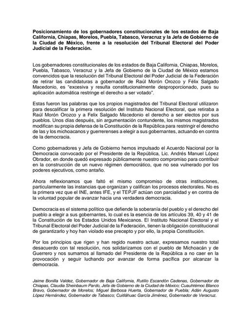 Es excesiva resolución del TEPJF retirar candidatura a morenistas Gobernadores