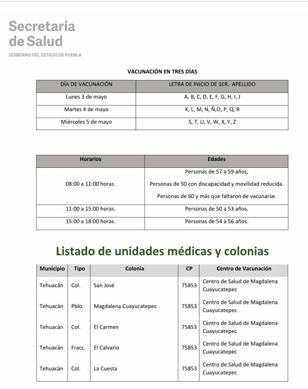 Este lunes inicia Anuncia vacunacion para personas de 50 y más en Tehuacán