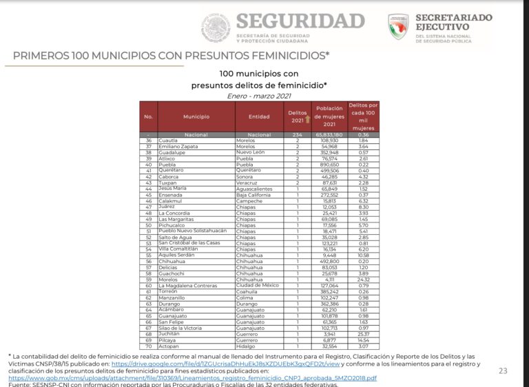 Puebla y Atlixco entre los 100 municipios más feminicidas