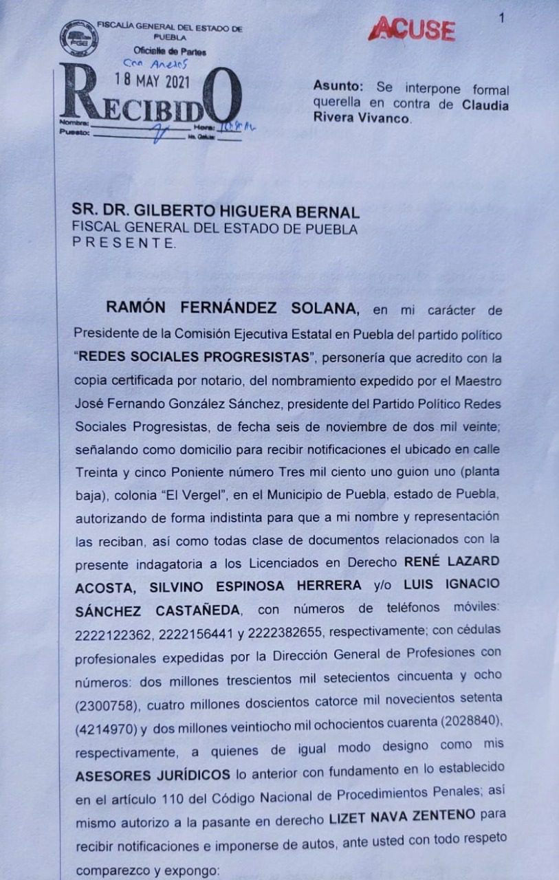 Denuncian penalmente a Claudia Rivera, RSP acusa uso de recursos públicos con fines electorales