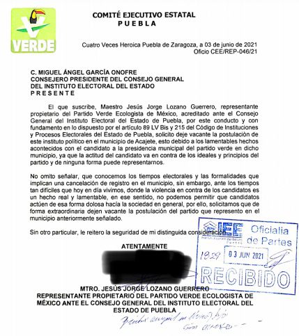 No procede sustitución de Porfirio Lima en Acajete, pide PVEM dejar vacante