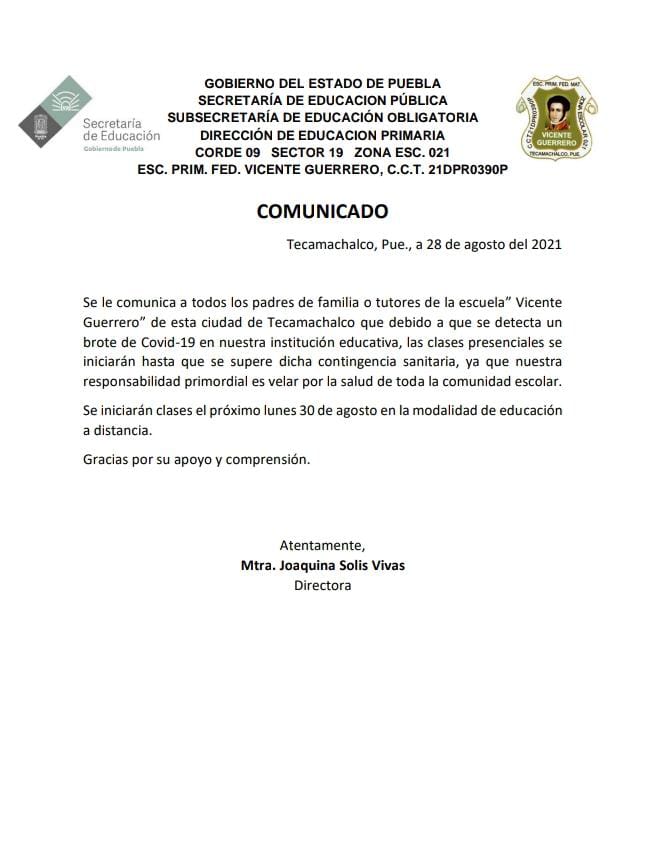 En Tecamachalco suspenden clases presenciales por brote de Covid-19