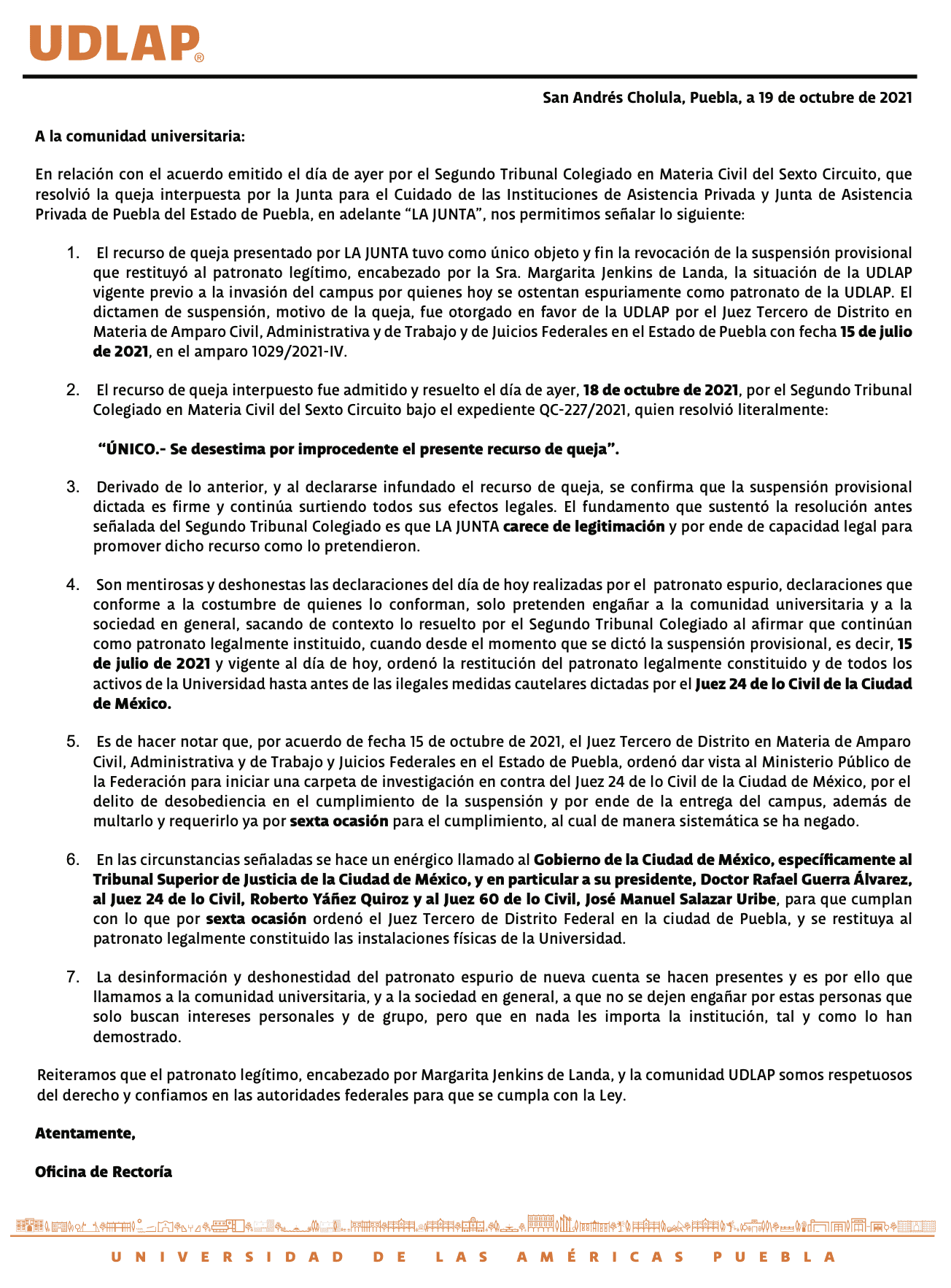 Nuevamente, patronato encabezado por Margarita Jenkins pide restitución de funciones