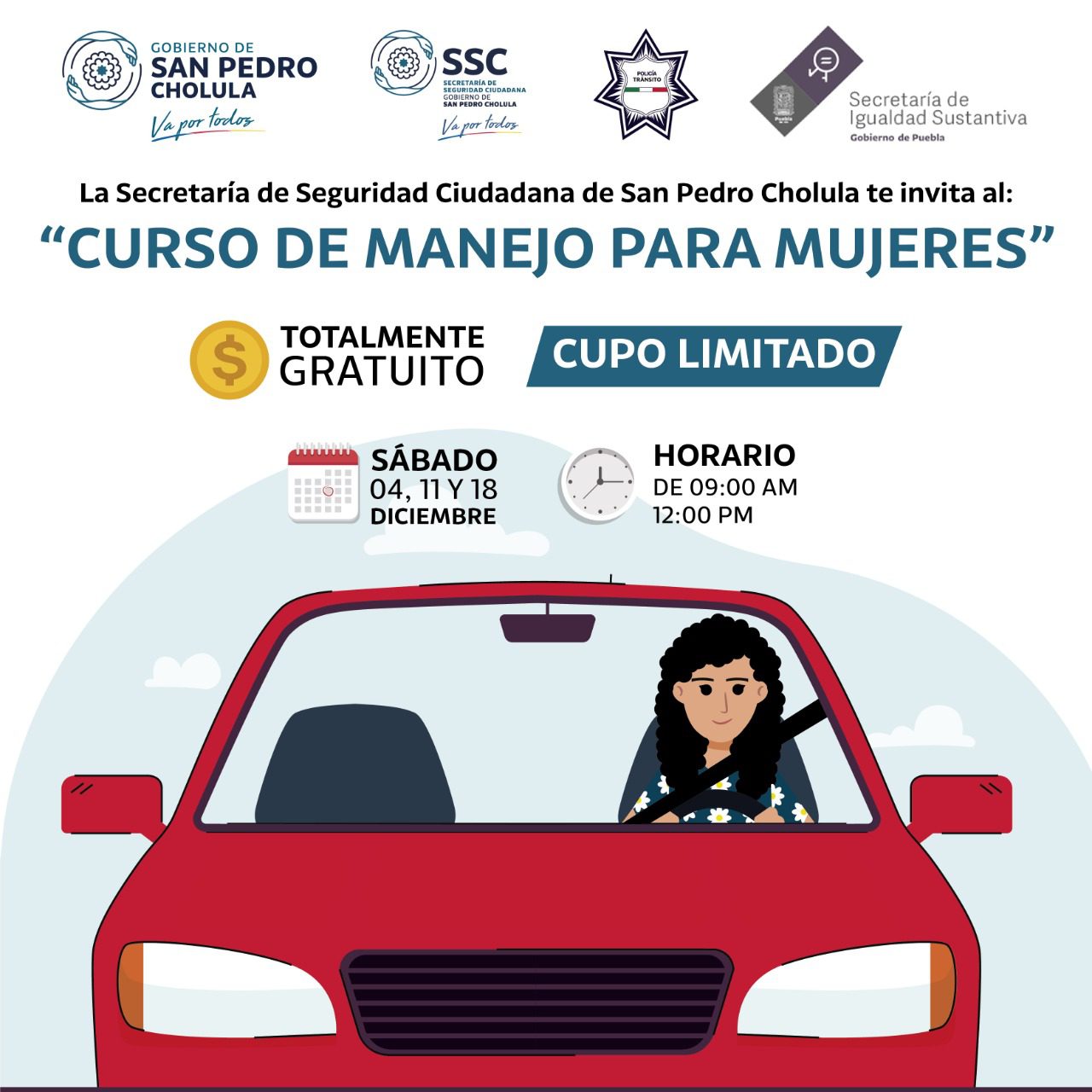 Impartirá SSC curso gratuito de manejo para mujeres en San Pedro Cholula