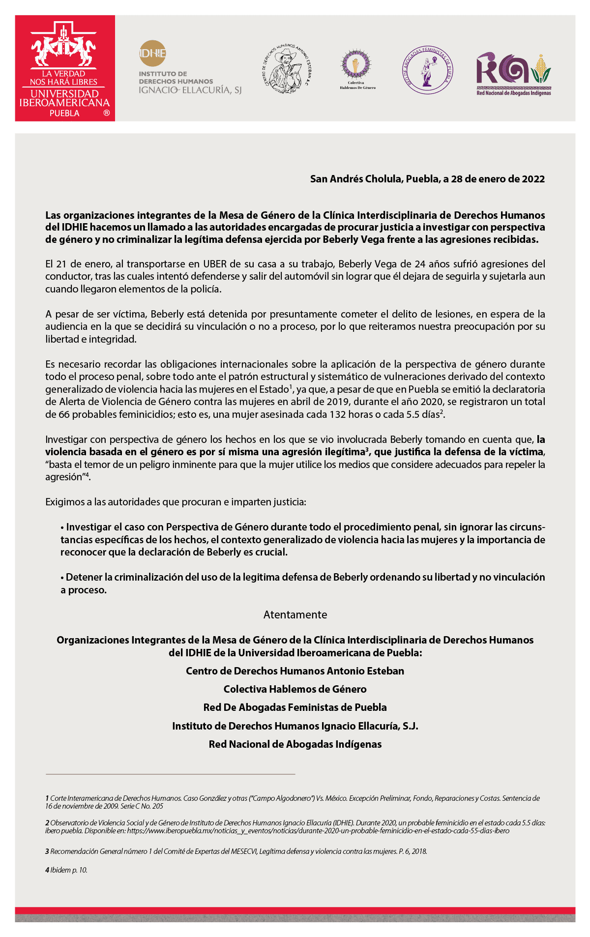 Mesa de Género del IDHIE pide no criminalizar a Beberly Vega por agresiones de conductor UBER