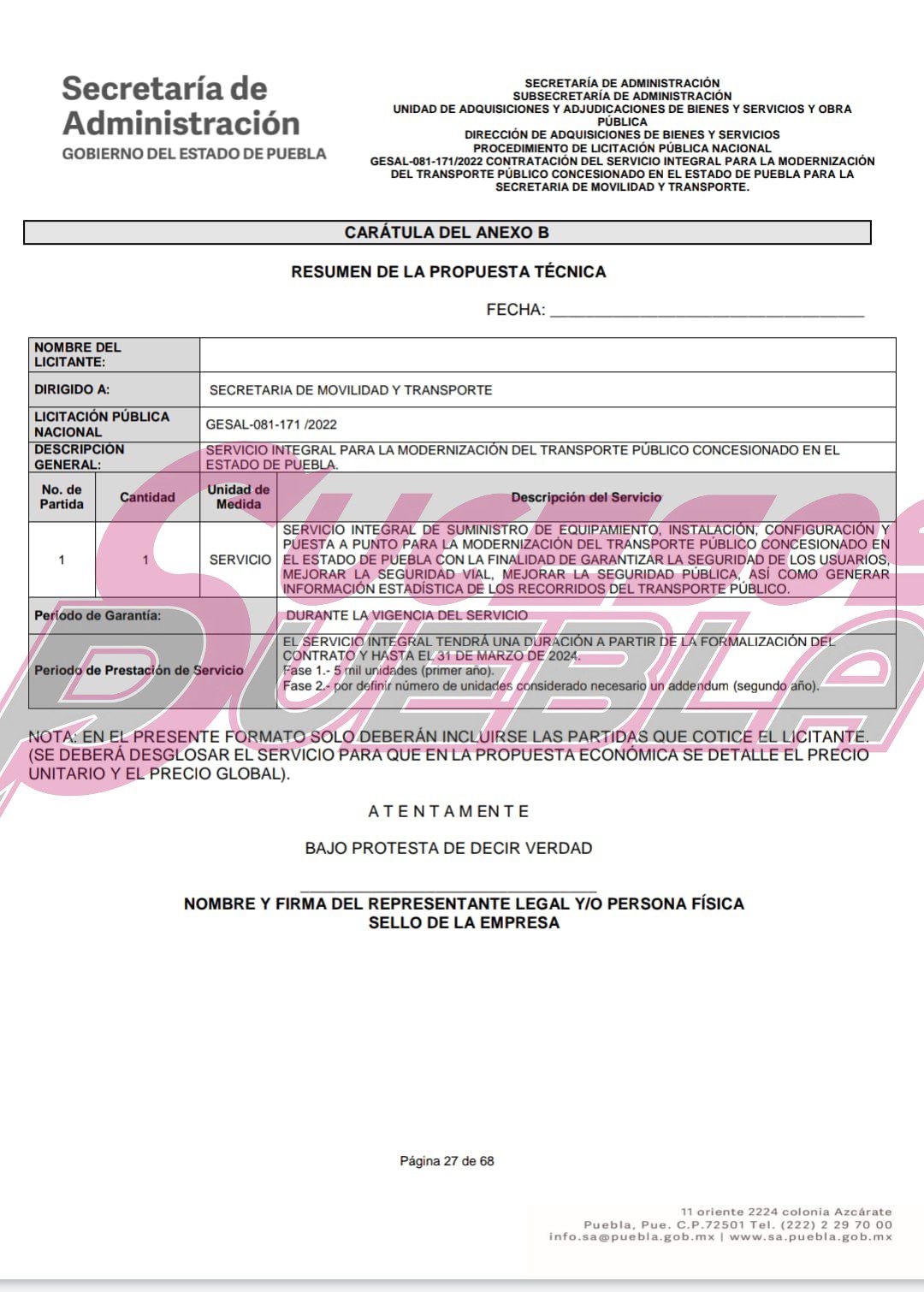 Lanza Gobierno de Puebla licitación para modernizar transporte público del estado