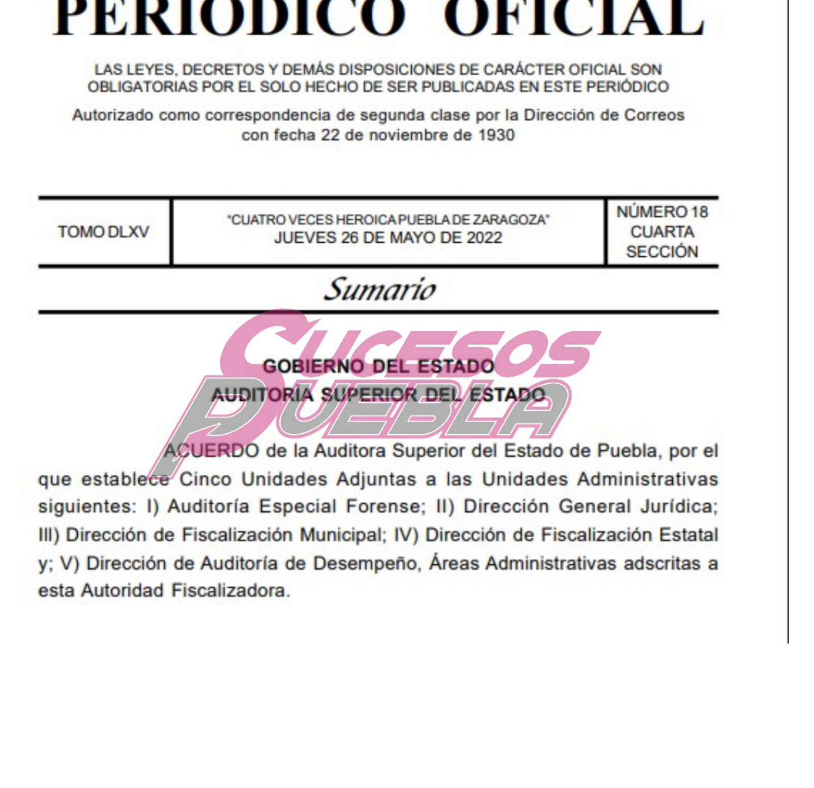 Publican acuerdo para instalar cinco Unidades Adjuntas a las Unidades Administrativas