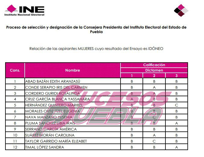 Emite INE lista de 12 aspirantes a presidencia del Consejo General del IEE
