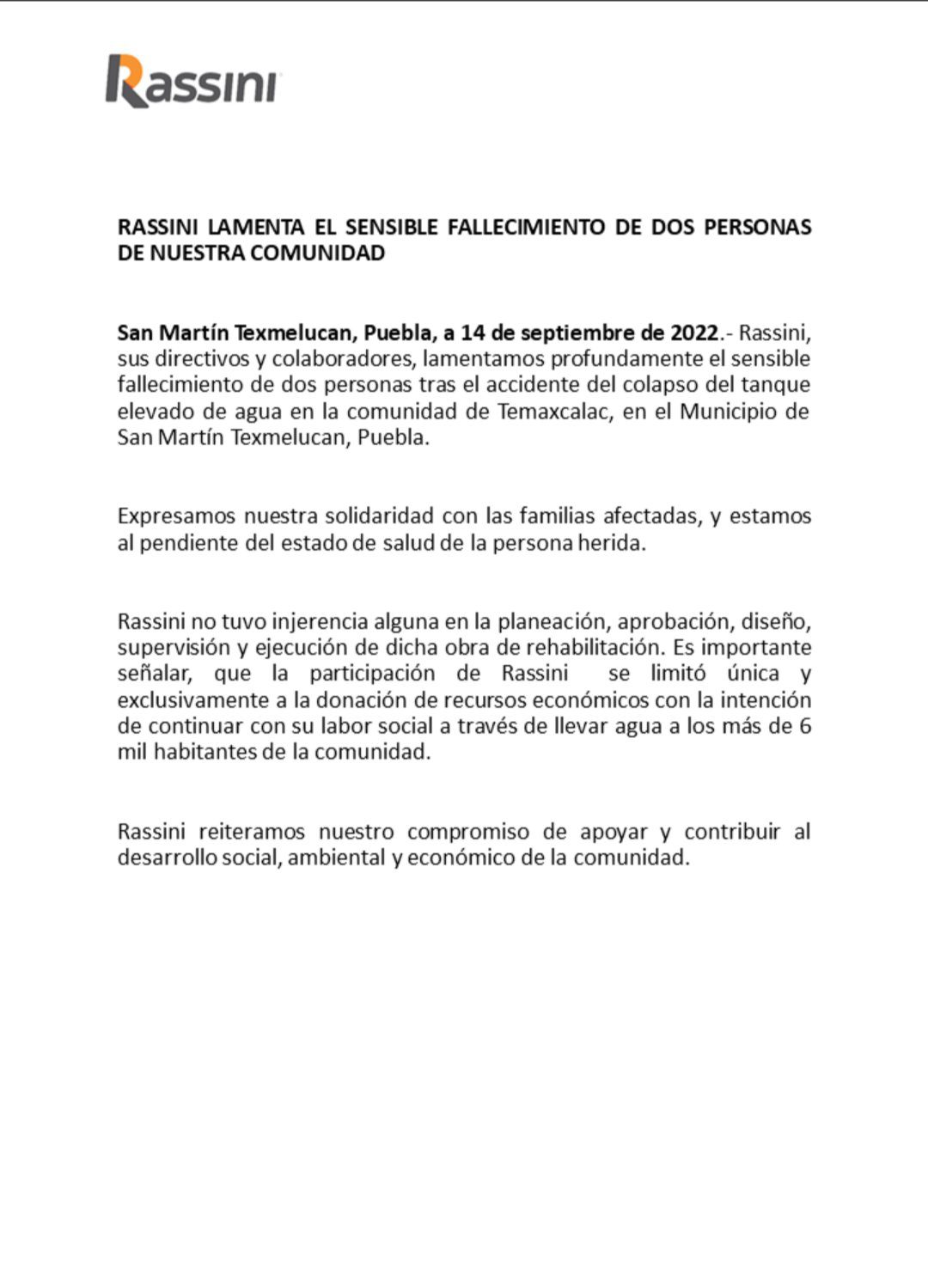 Se deslinda Rassini de accidente en Temaxcalac; solo donaron recursos, afirman
