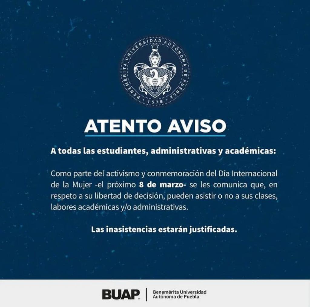 Otorgará BUAP el día a las mujeres decidan marchar