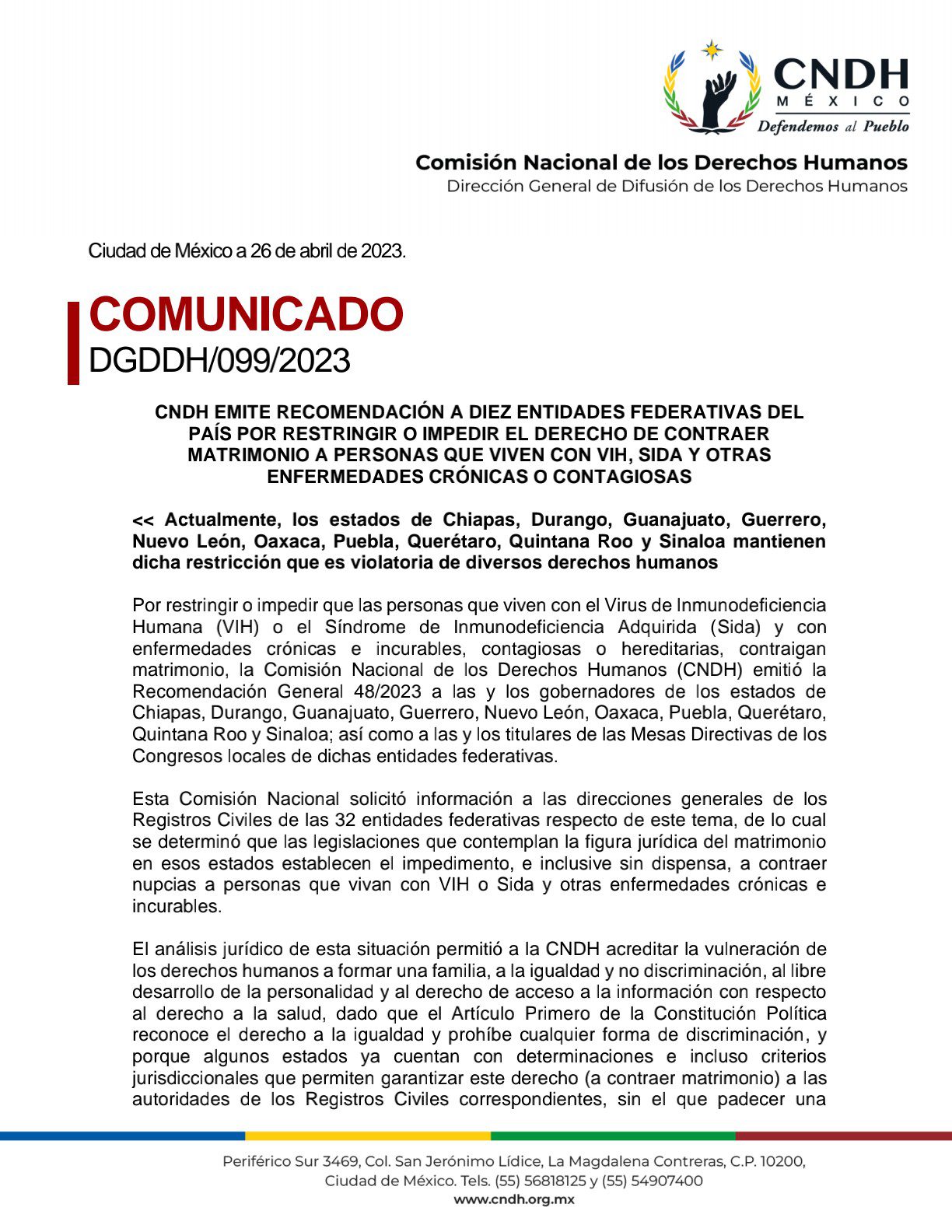 Emite CNDH recomendación a diez estados que prohíben matrimonio a personas VIH