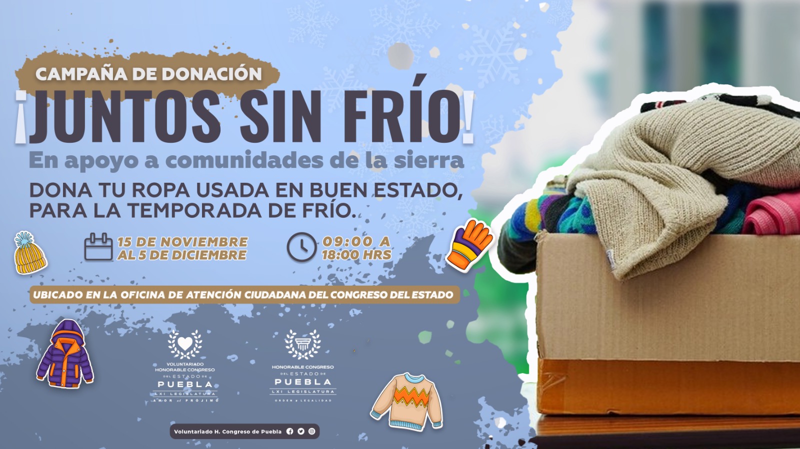 Invita Voluntariado del Congreso a donar prendas de abrigo para la temporada de frío 