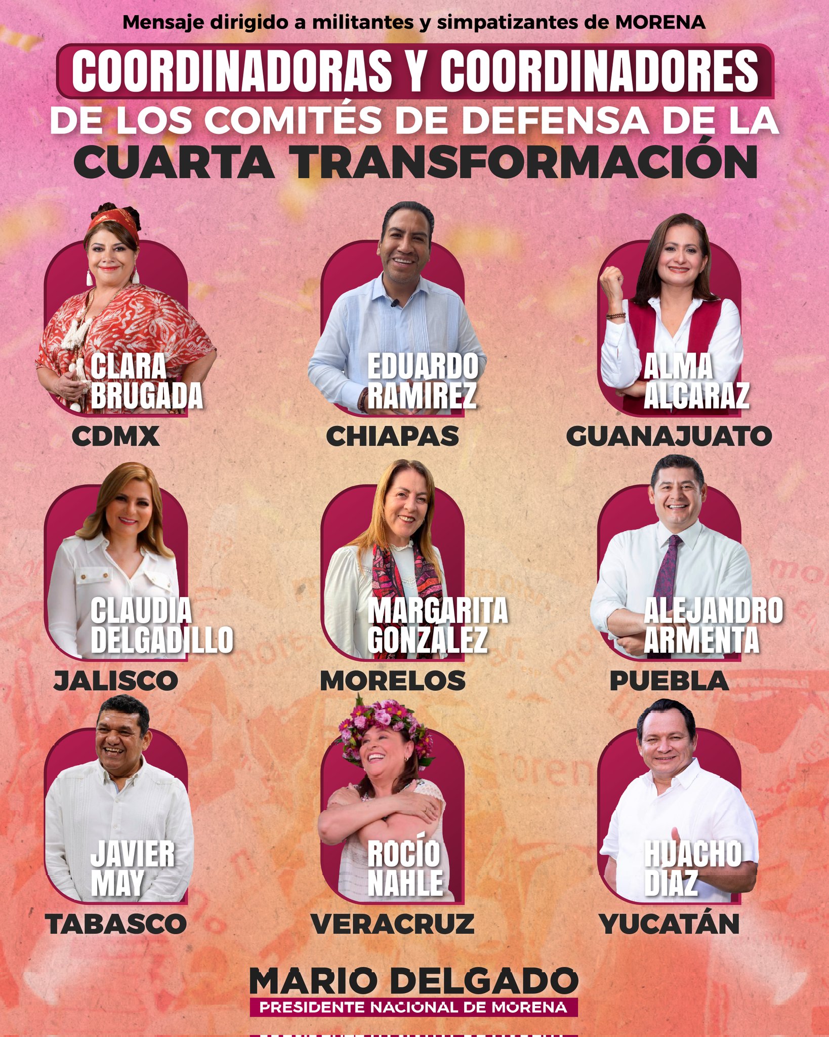 Morena anuncia a las y los Coordinadores de Defensa de la Transformación en nueve entidades federativas