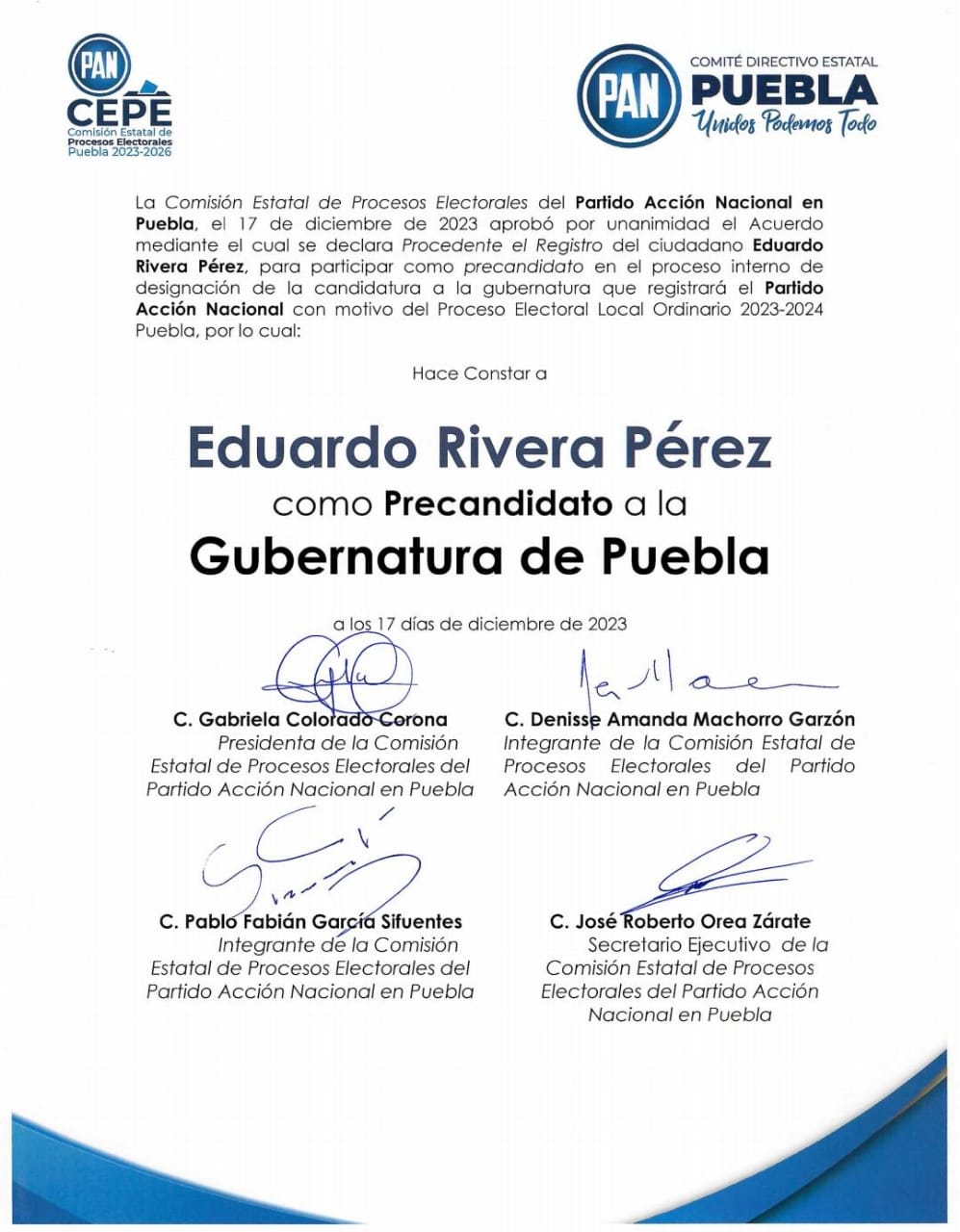 Aprueba PAN registro de Eduardo Rivera como precandidato al gobierno estatal de Puebla