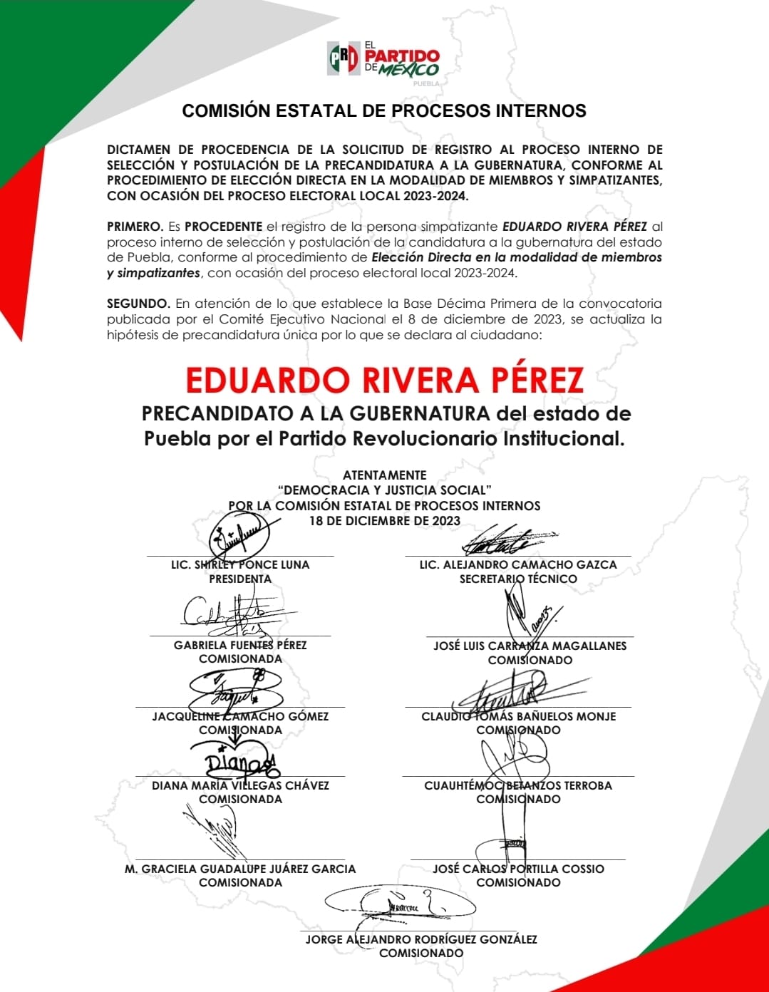 Emite PRI dictamen de procedencia de la precandidatura de Eduardo Rivera Pérez a la gubernatura de Puebla