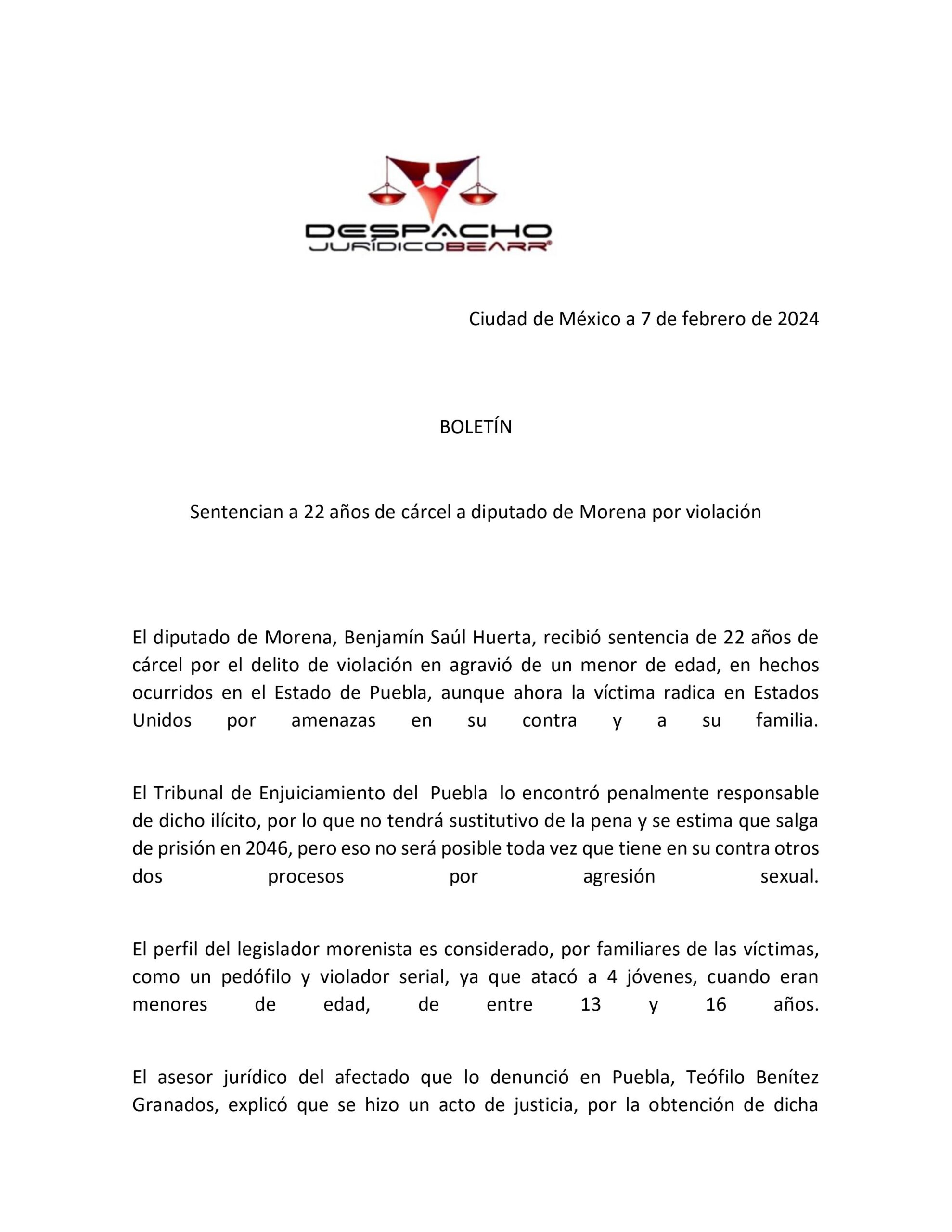 Sentencian a 22 años de prisión al exdiputado federal Saúl Huerta, por delito de violación