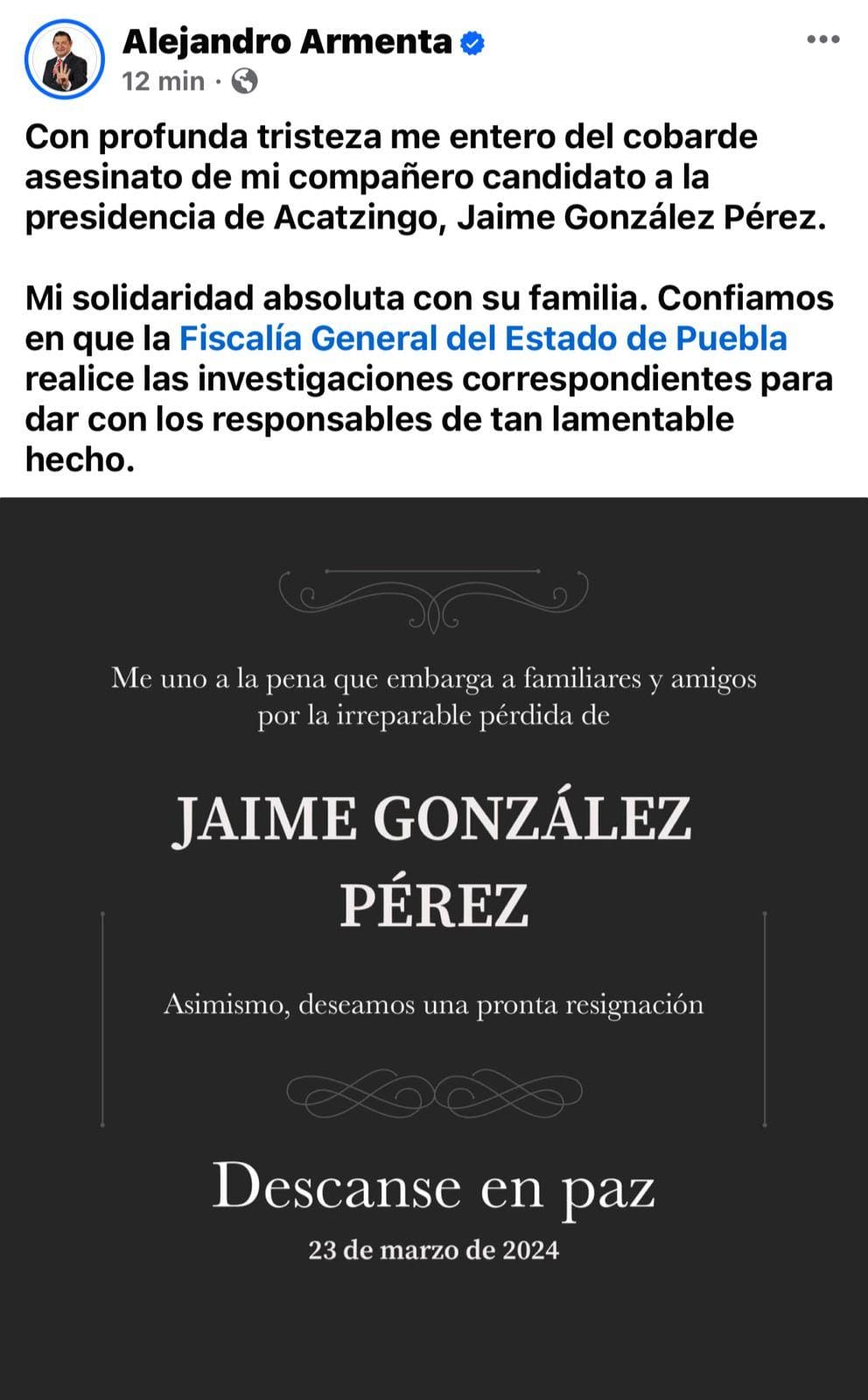 Condena Alejandro Armenta asesinato de Jaime González 