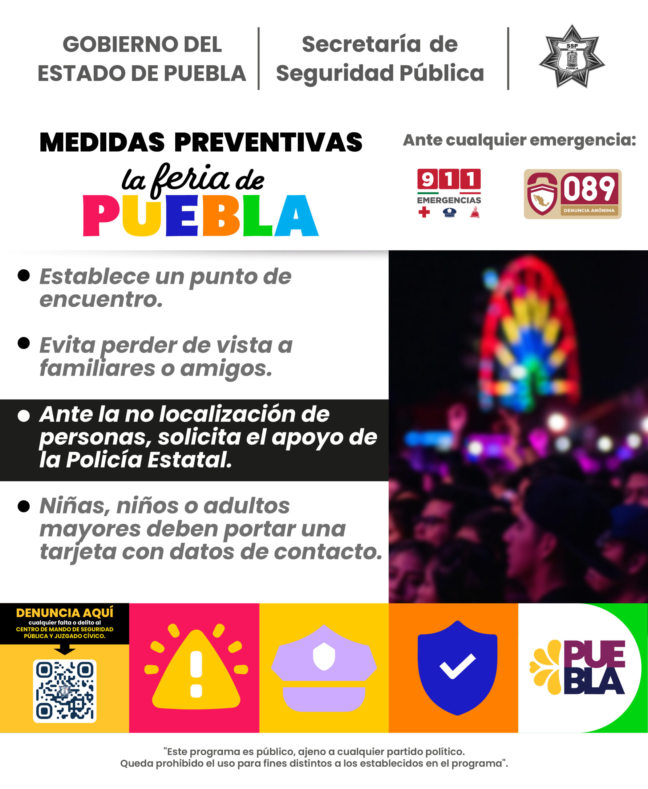 Comparte SSP medidas de autocuidado para asistentes a Feria de Puebla