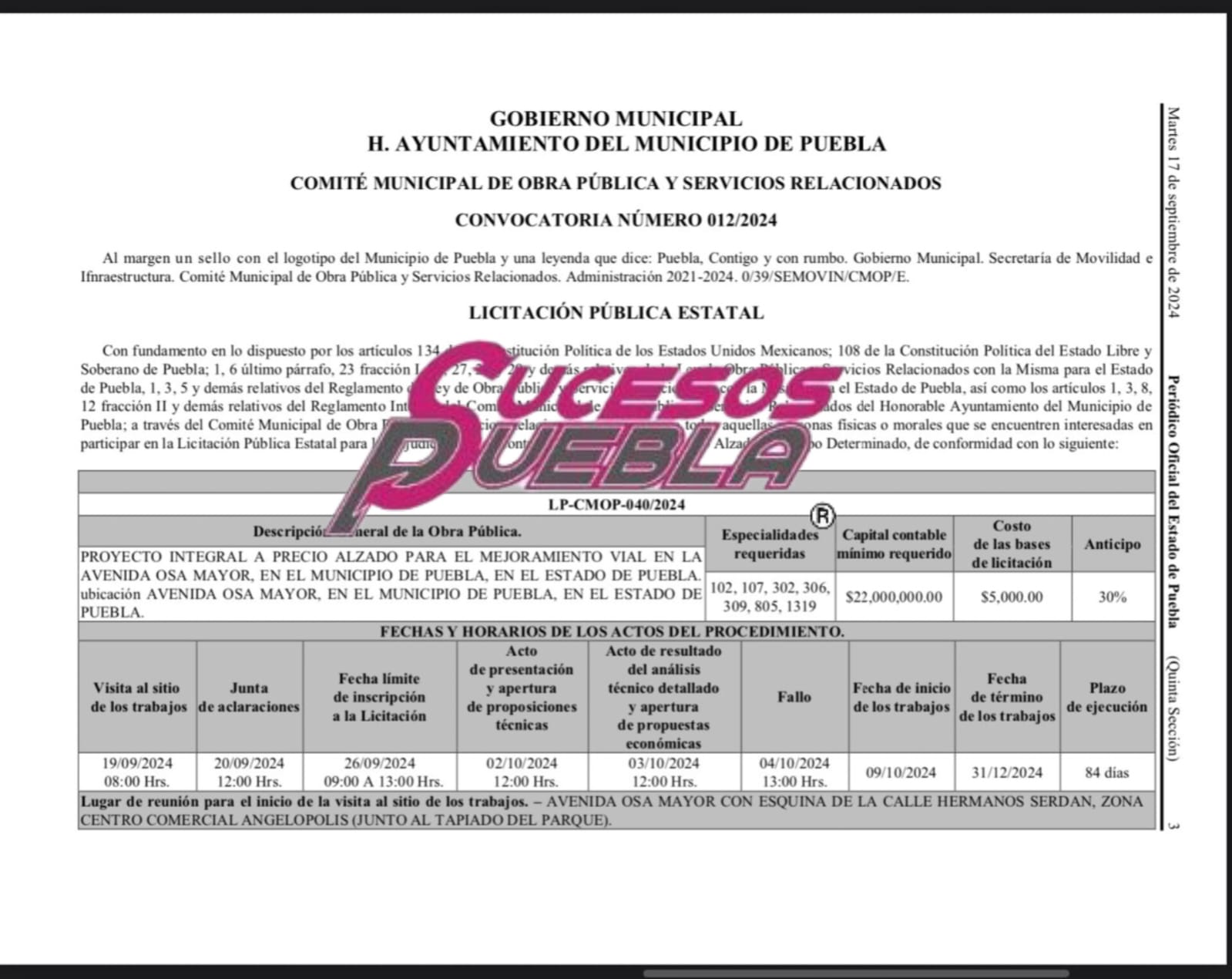 Licitan rehabilitación de Avenida Osa Mayor en Angelópolis
