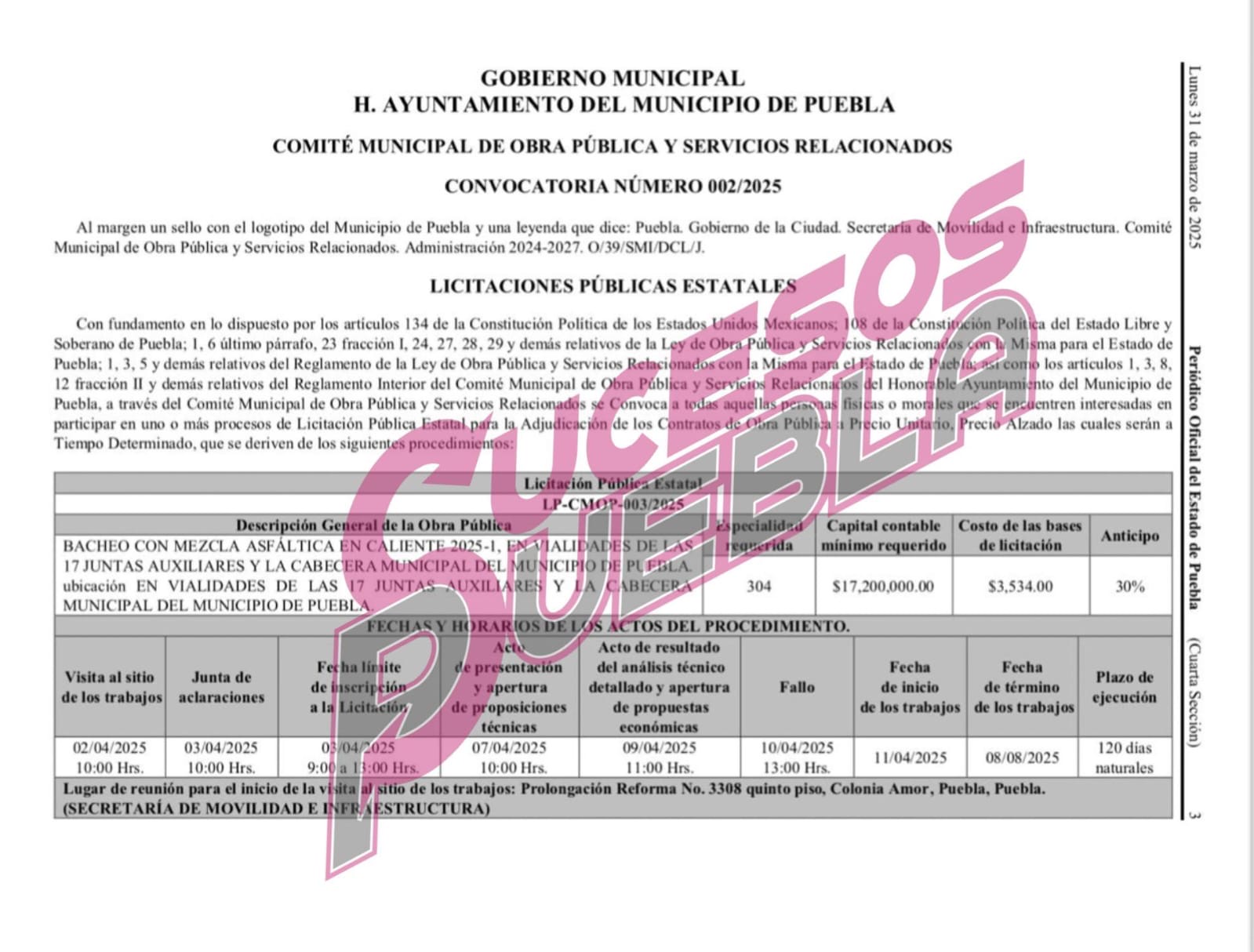 Bacheo en Puebla capital y 17 juntas auxiliares iniciará el 11 de abril