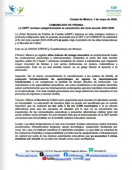 UNPF revienta contra la SEP: “Grave error cancelar el ciclo escolar por el Mundial”